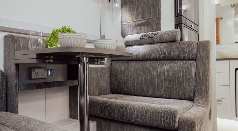 Stylish, inviting lounge perfect for unwinding on the road